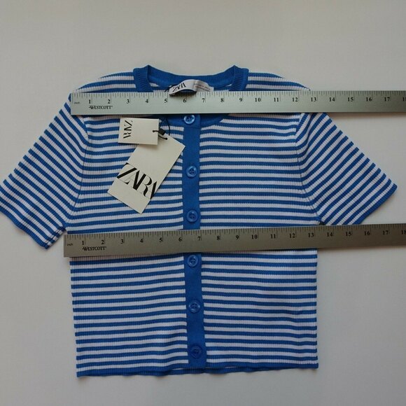 ZARA Button-Front Sweater Striped Cropped Shrug Top Blue White Stretch M NWT - Picture 12 of 14